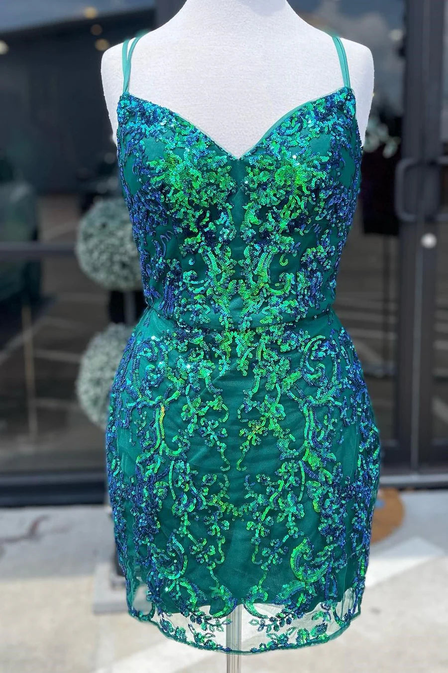 Sequin Lace Short Cocktail Dress with Spaghetti Straps