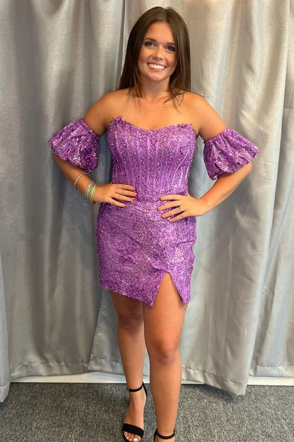 Sequin Lace Strapless Short Party Dress with Puff Sleeves