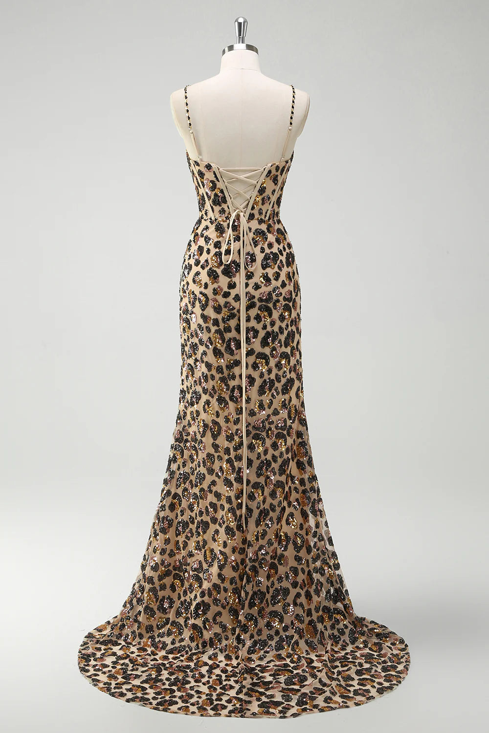 Sequin Leopard Print Corset Mermaid Evening Dresses with Slit