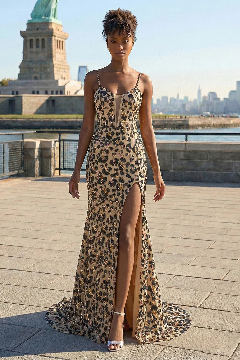 Sequin Leopard Print Corset Mermaid Evening Dresses with Slit