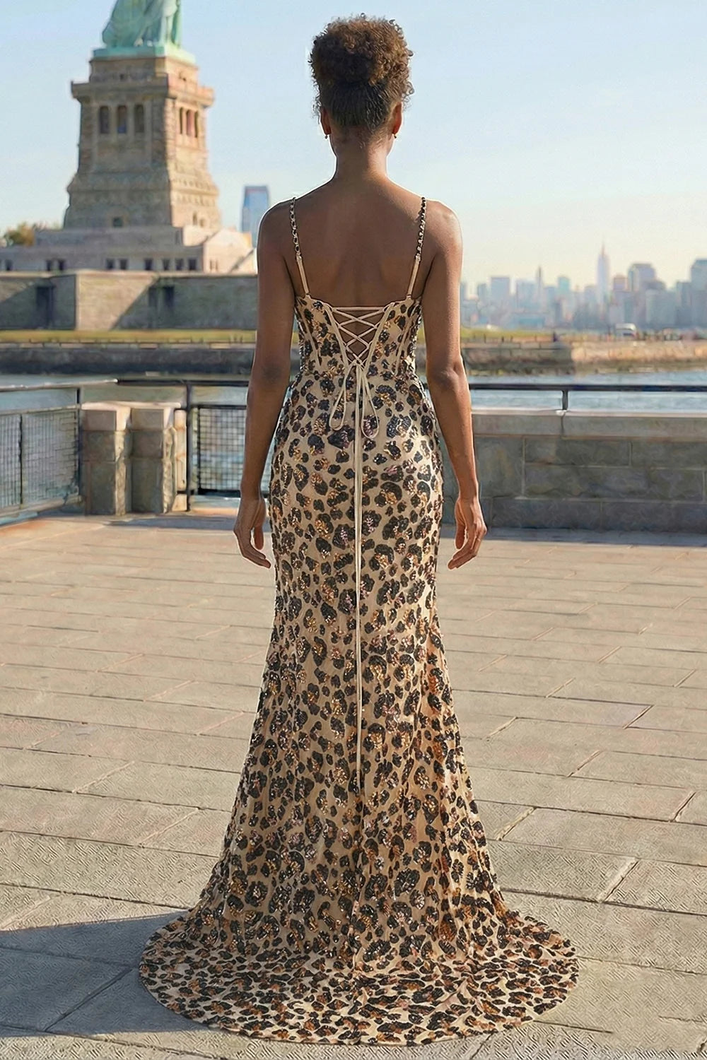 Sequin Leopard Print Corset Mermaid Evening Dresses with Slit