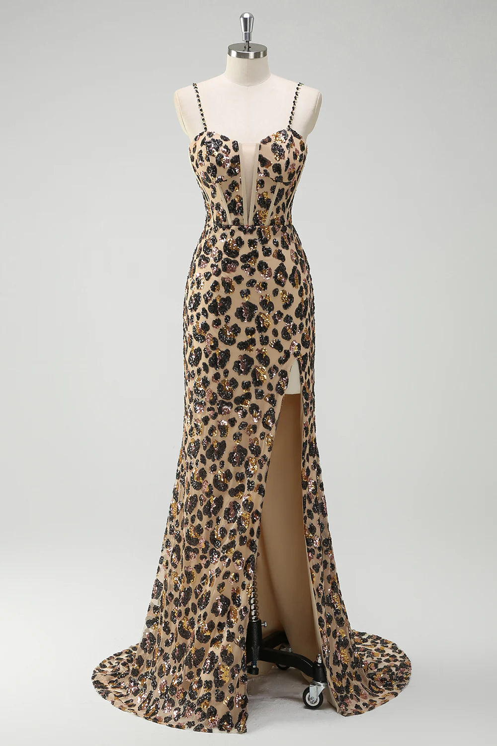 Sequin Leopard Print Corset Mermaid Evening Dresses with Slit