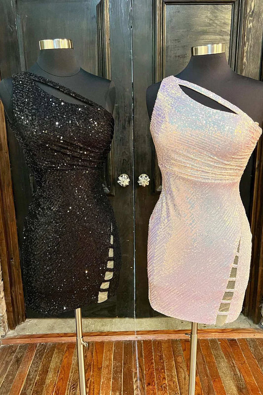 Sequin One-Shoulder Fitted Party Dress with Keyhole