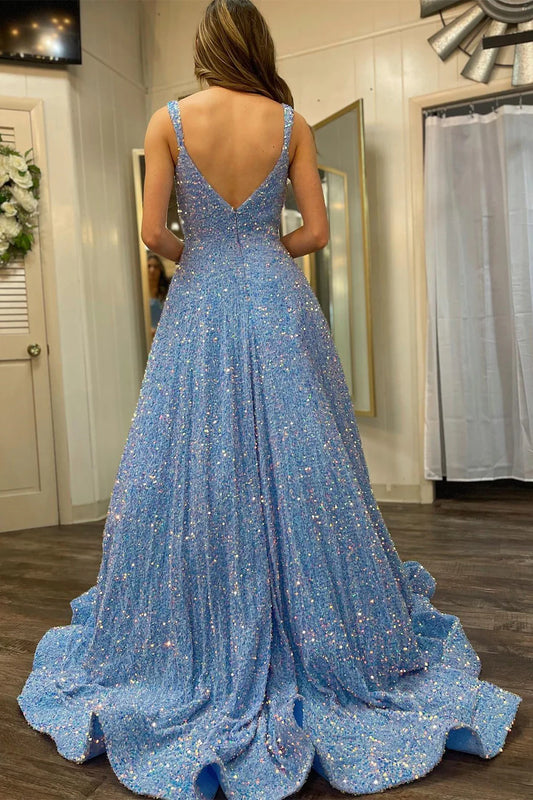Sequin Square Neck Open Back Ball Gown