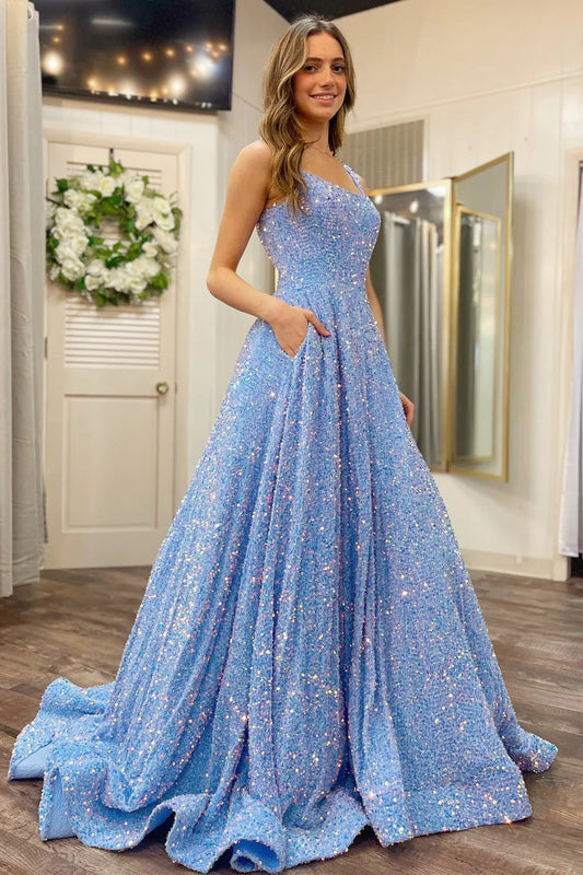 Sequin Square Neck Open Back Ball Gown