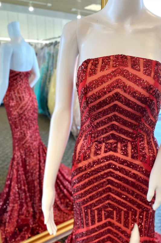 Sequin Strapless Mermaid Train Long Prom Dress with Slit