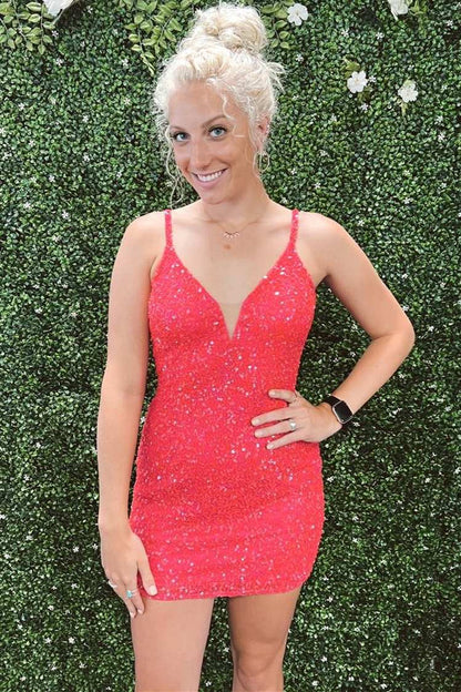 Sequin V-Neck Cutout Back Bodycon Short Dress