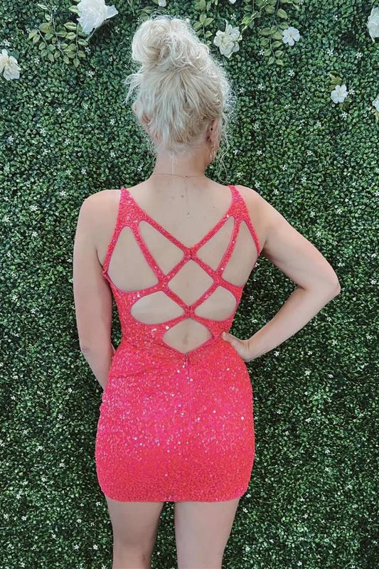 Sequin V-Neck Cutout Back Bodycon Short Dress