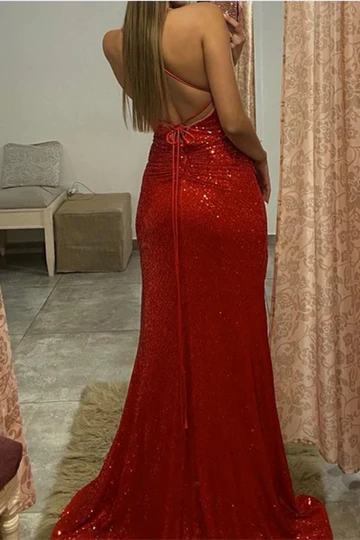 Sequined Surplice Backless Mermaid Prom Dress with Slit