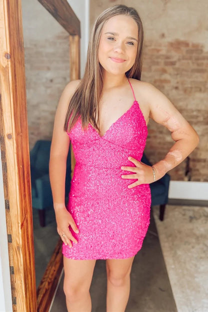 Sequined V-neck strap backless short school dress