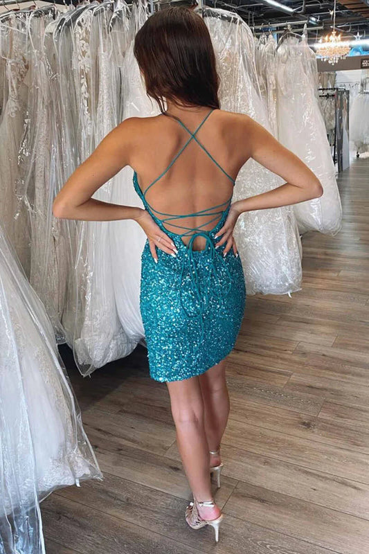 Sequined V-neck strap backless short school dress