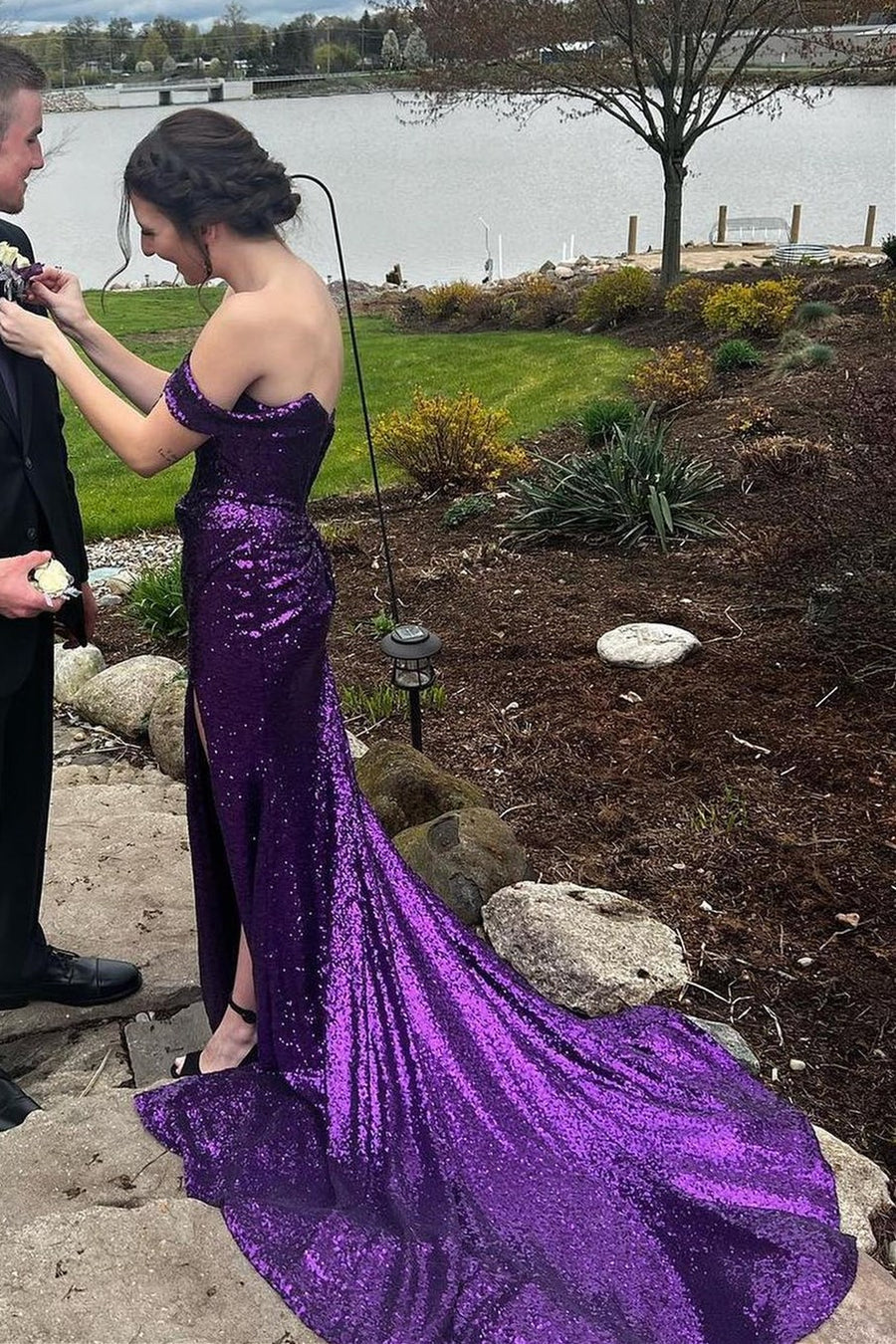 Sequined off shoulder mermaid long slit dance dress