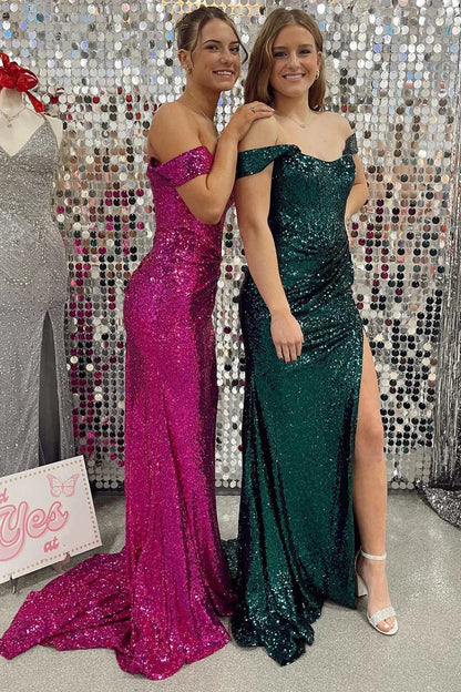 Sequined off shoulder mermaid long slit dance dress