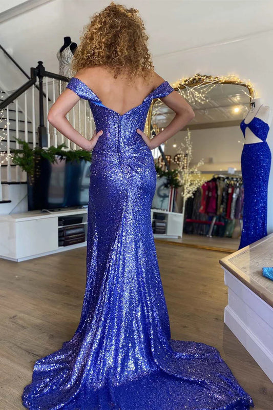 Sequined off shoulder mermaid long slit dance dress