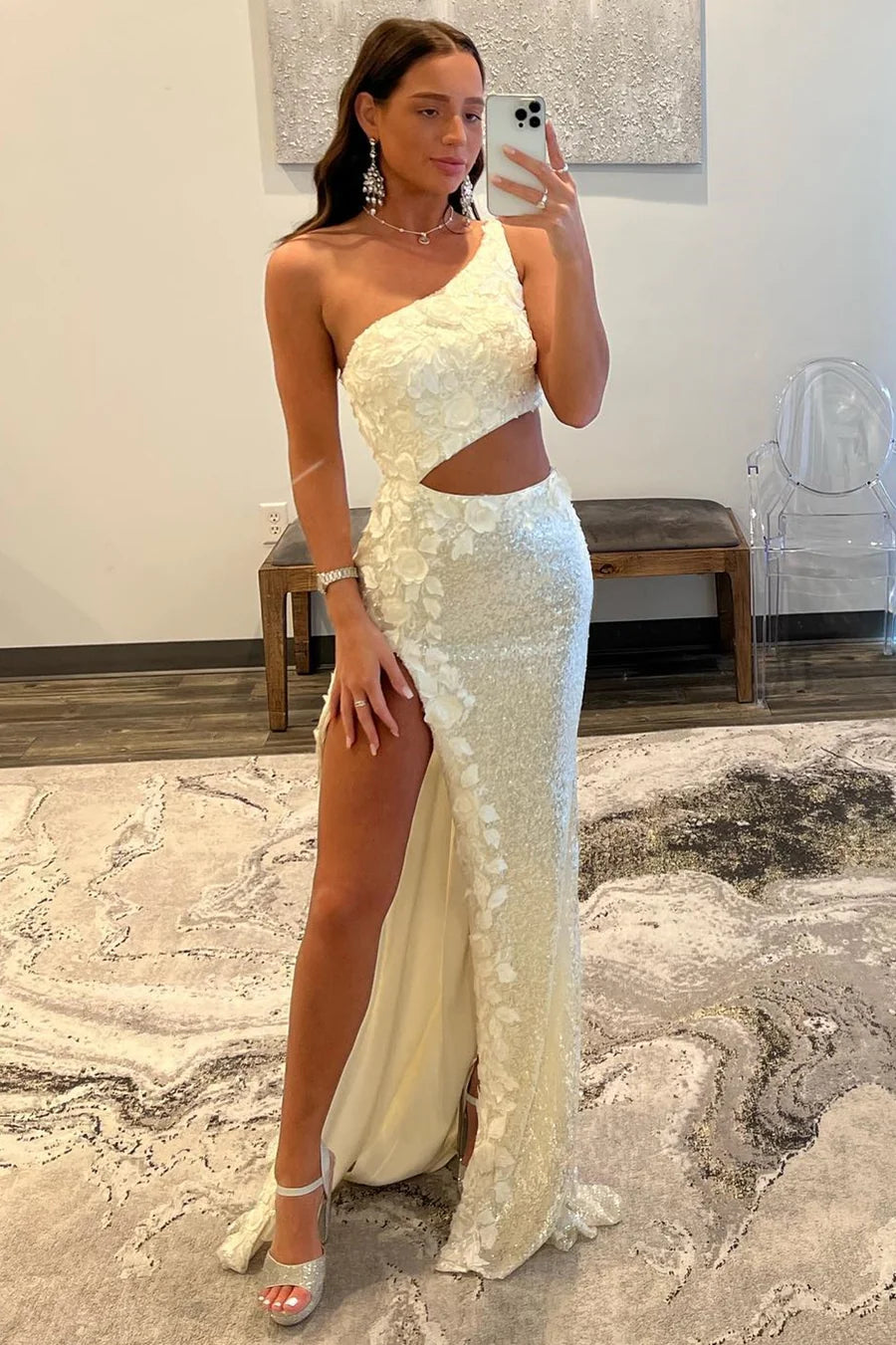 Sequined one shoulder hollowed out long ball dress with floral decals