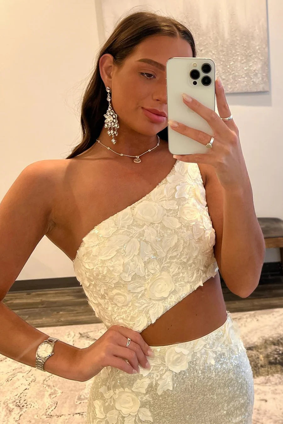 Sequined one shoulder hollowed out long ball dress with floral decals