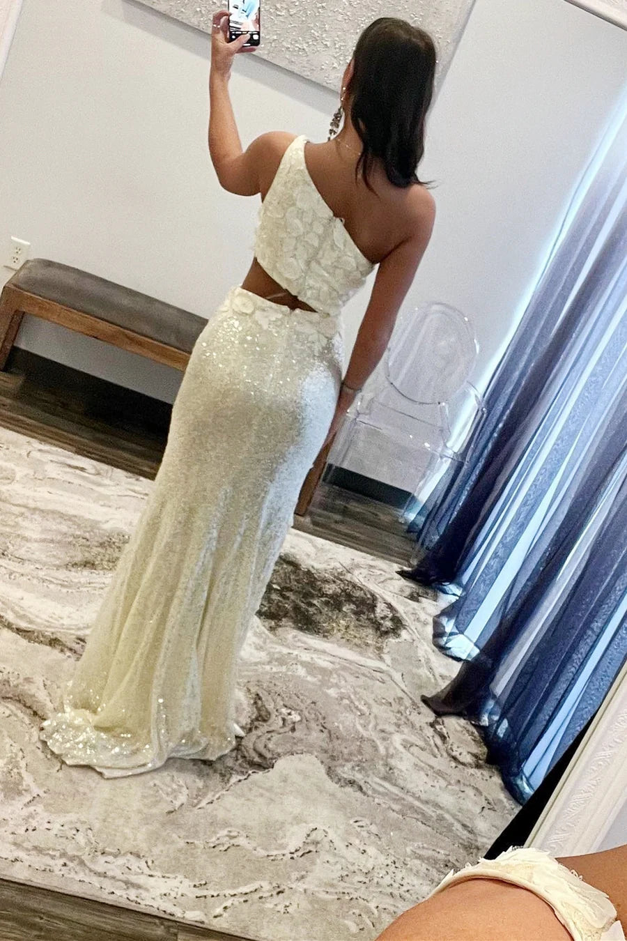 Sequined one shoulder hollowed out long ball dress with floral decals