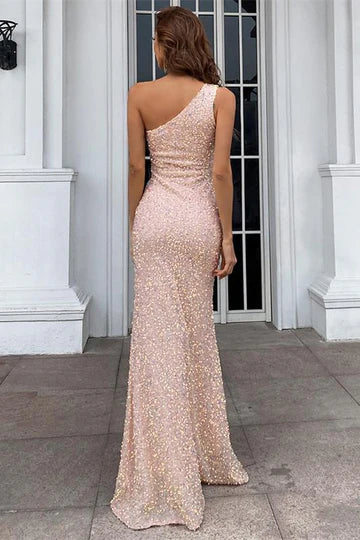 Sequined one shoulder tight mermaid long ball dress