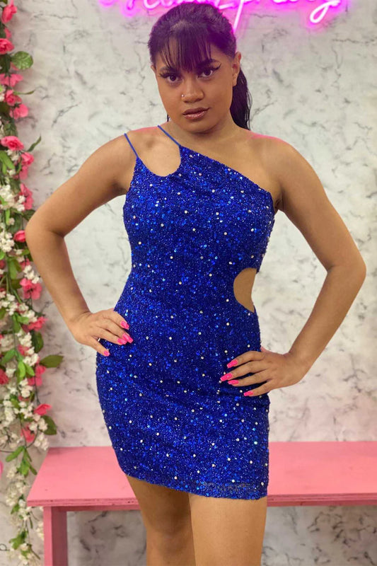 Sequined single shoulder hollowed out short party dress