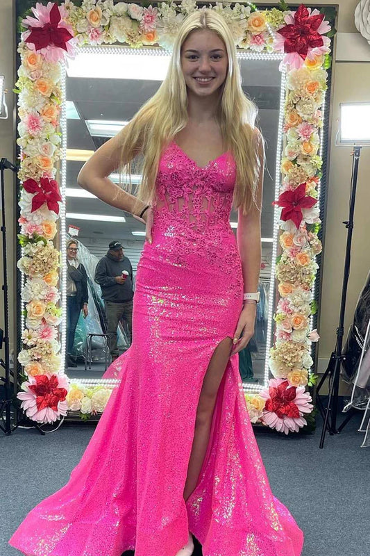 Sequined tight corset top mermaid long ball dress with slit