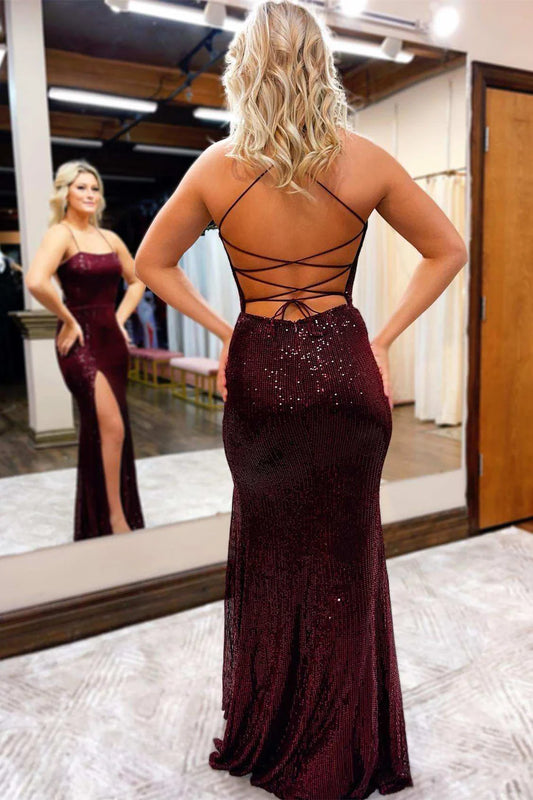 Sequin lace up back long slit ball dress