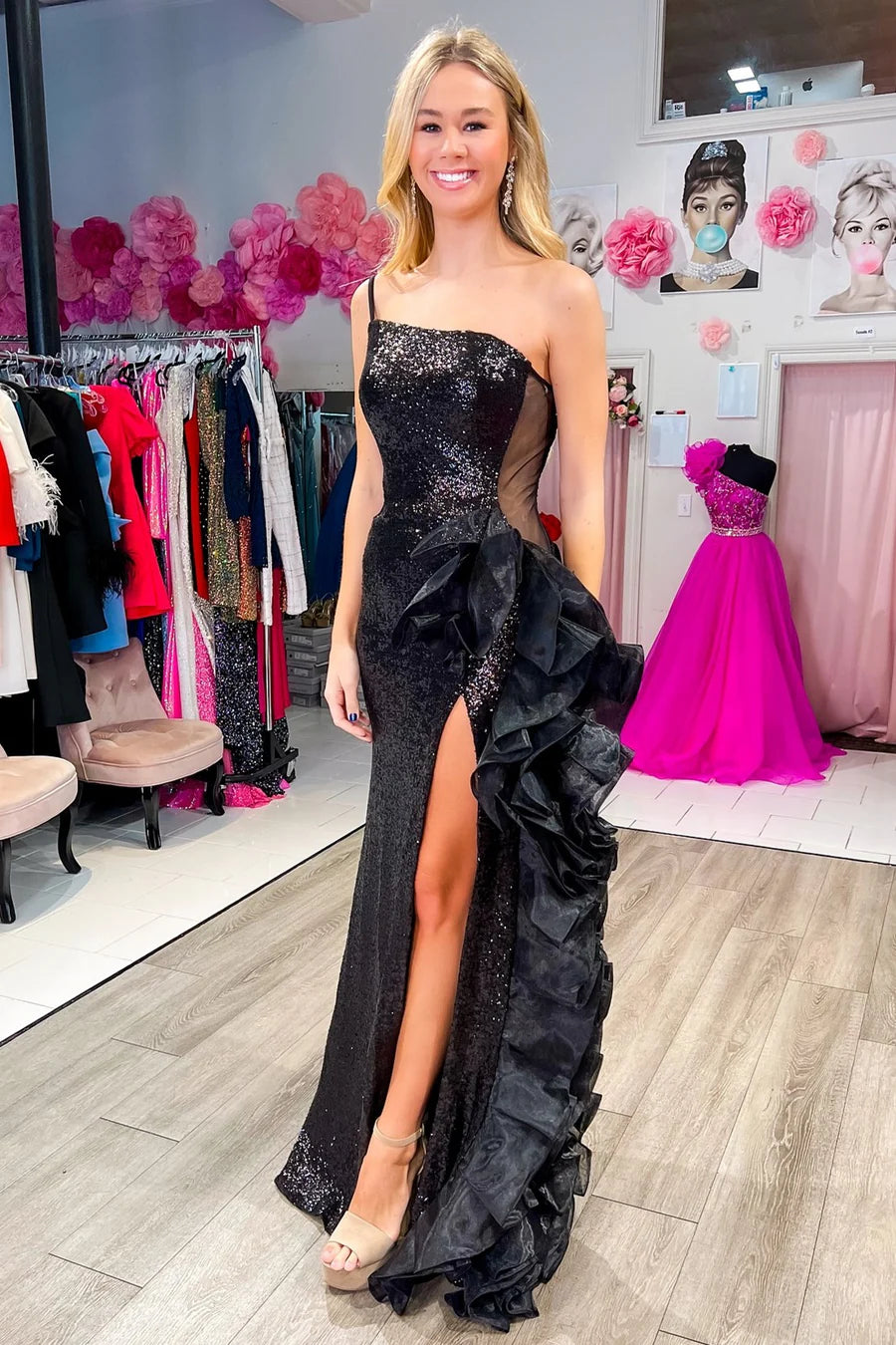 Sequin mesh single shoulder pleated long formal dress with slit