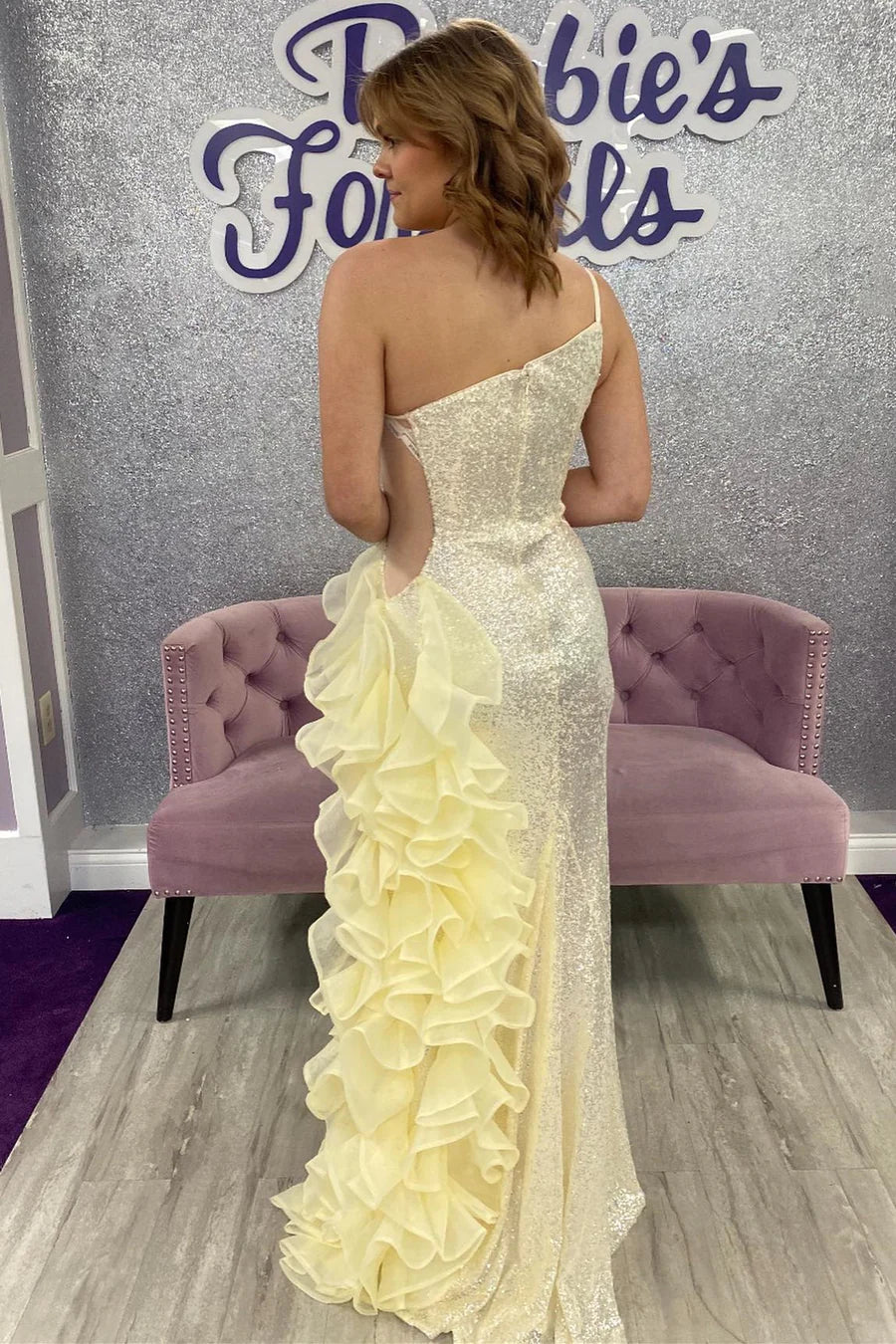 Sequin mesh single shoulder pleated long formal dress with slit