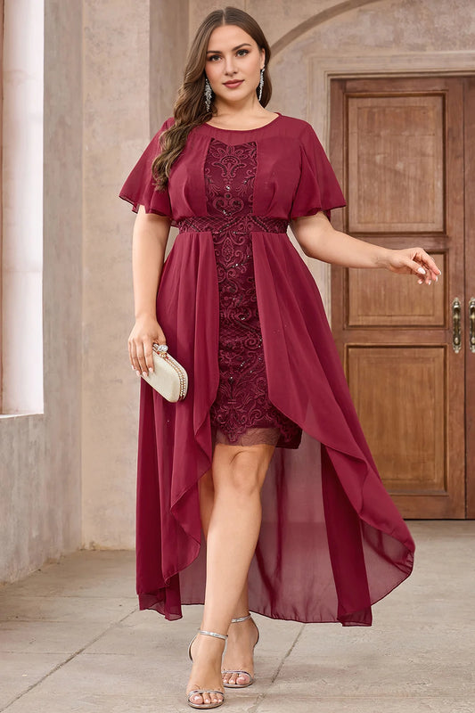 Sequins A Line Plus Size Burgundy High Low Mother Of The Bride Dress With Appliques