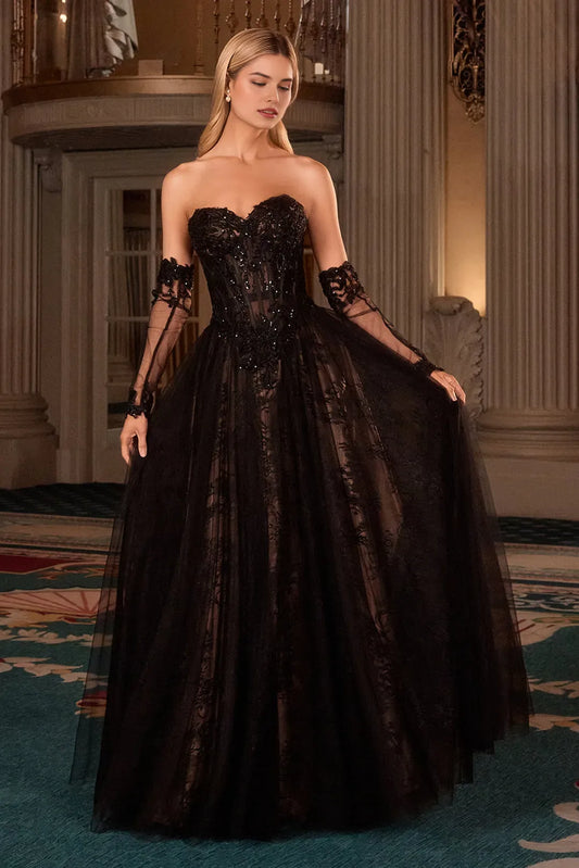 Sexy Black  A-line illusion sweetheart Strapless embroidered lace Lace Up Floor length prom dress hot sale
