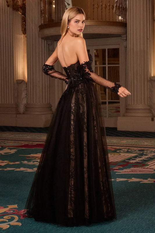 Sexy Black  A-line illusion sweetheart Strapless embroidered lace Lace Up Floor length prom dress hot sale