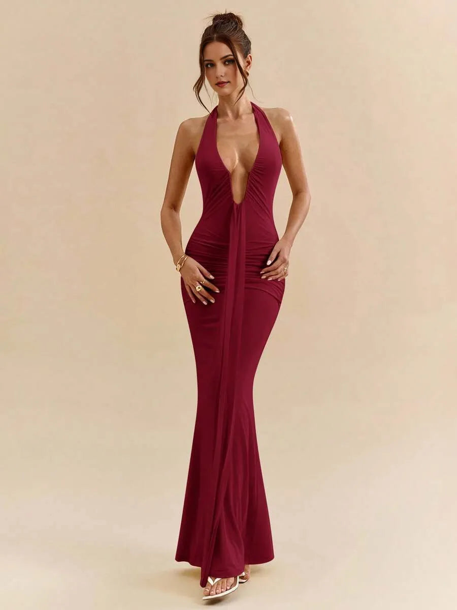 Sexy Burgundy Mermaid Deep V Neck Sleeveless Open-Back Ankle-Length Prom Dresses for women