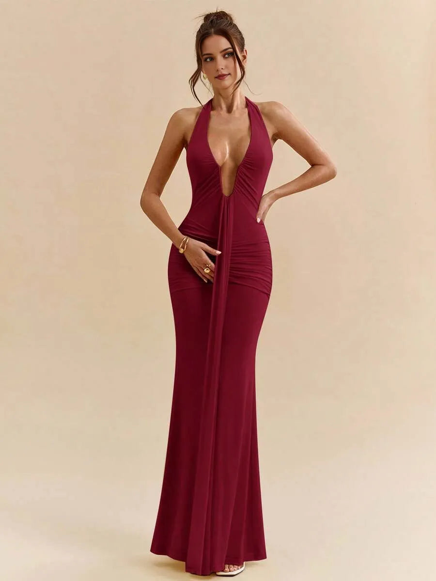 Sexy Burgundy Mermaid Deep V Neck Sleeveless Open-Back Ankle-Length Prom Dresses for women
