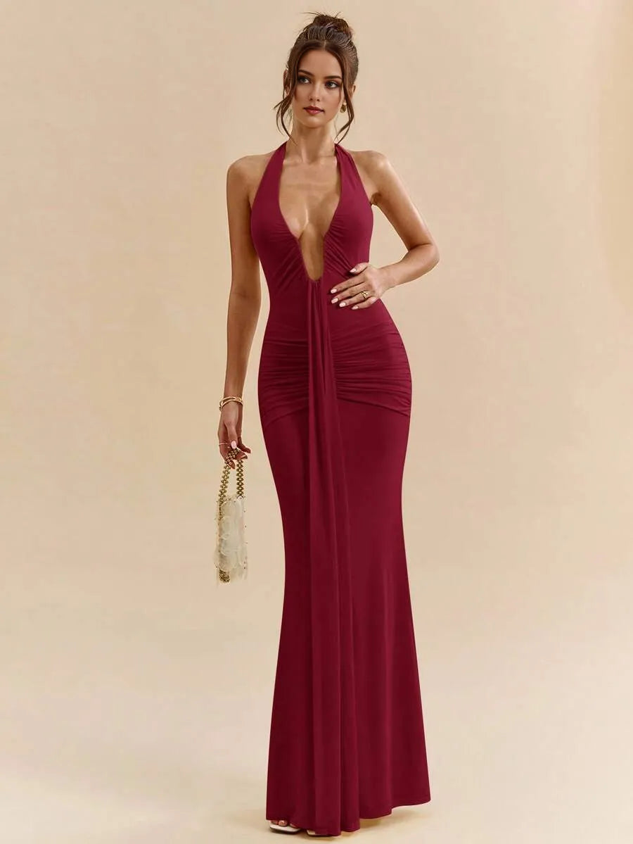 Sexy Burgundy Mermaid Deep V Neck Sleeveless Open-Back Ankle-Length Prom Dresses for women