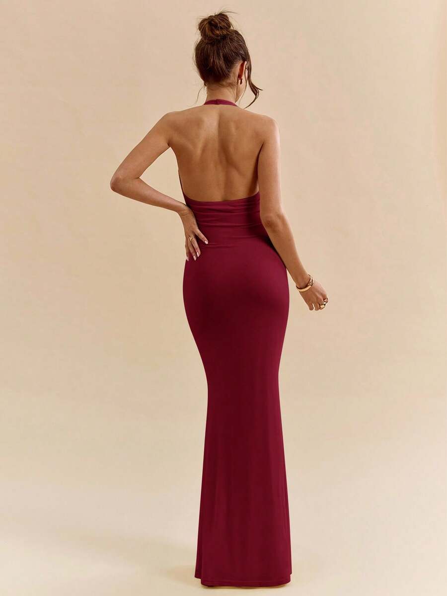 Sexy Burgundy Mermaid Deep V Neck Sleeveless Open-Back Ankle-Length Prom Dresses for women