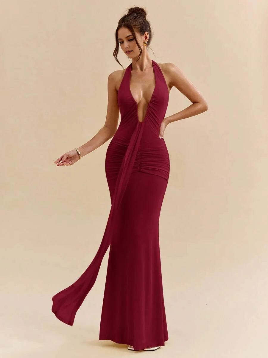 Sexy Burgundy Mermaid Deep V Neck Sleeveless Open-Back Ankle-Length Prom Dresses for women
