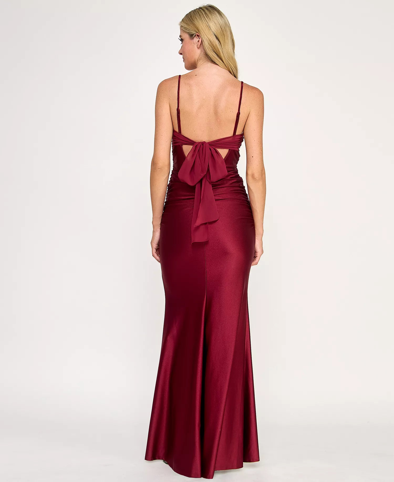 Sexy Burgundy Mermaid Sweetheart Neck Spaghetti Straps Ruched Bow-Back Floor-Length Prom Dresses