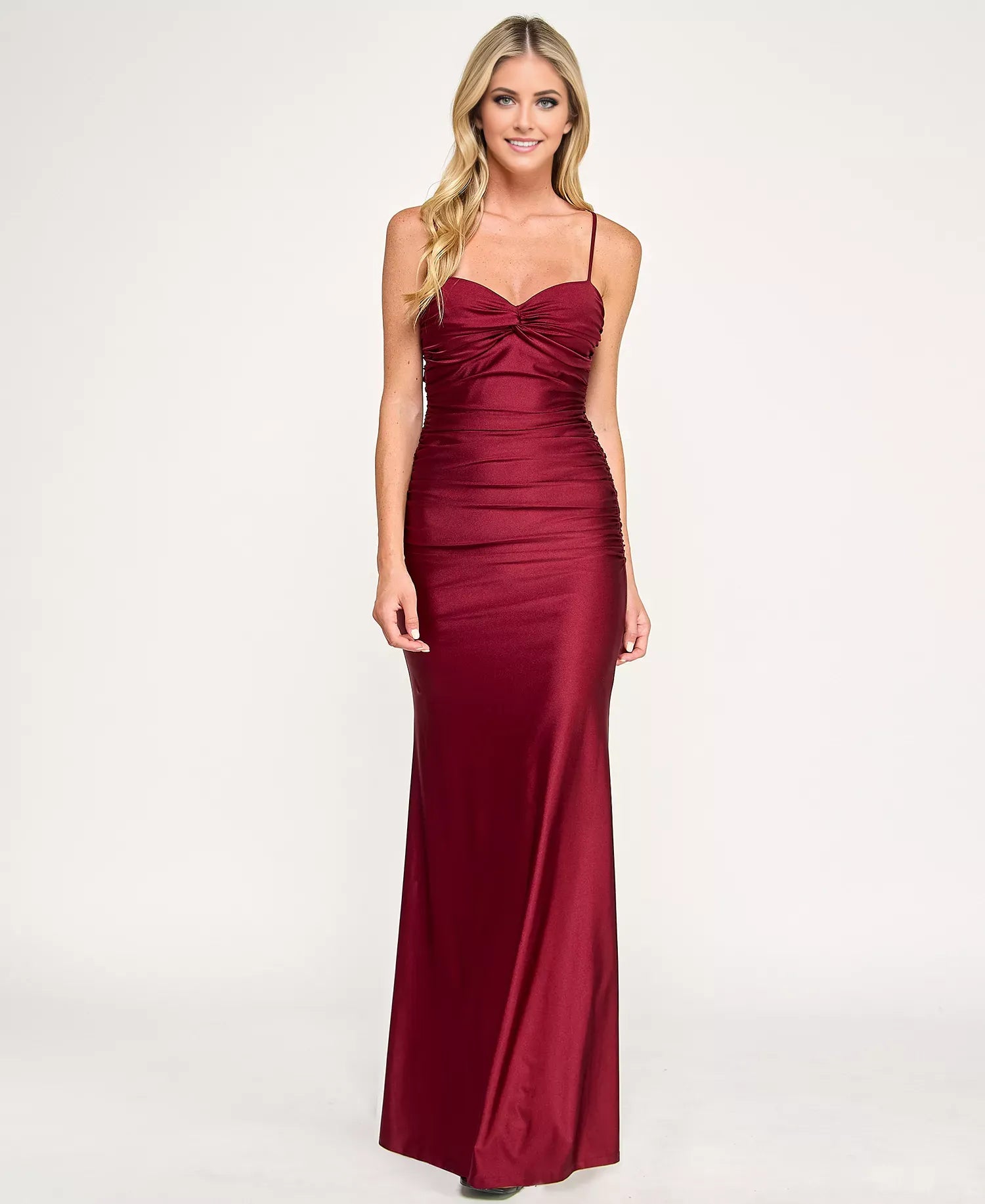 Sexy Burgundy Mermaid Sweetheart Neck Spaghetti Straps Ruched Bow-Back Floor-Length Prom Dresses