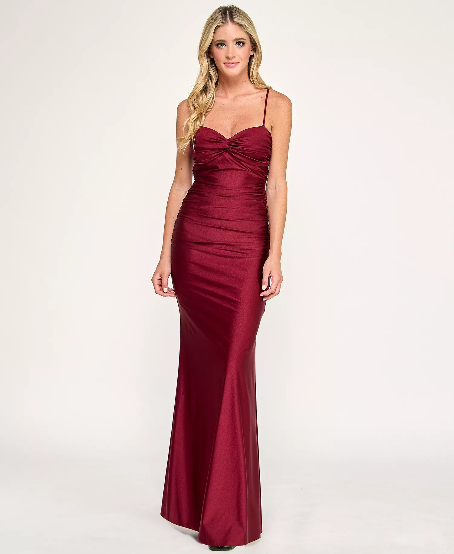 Sexy Burgundy Mermaid Sweetheart Neck Spaghetti Straps Ruched Bow-Back Floor-Length Prom Dresses