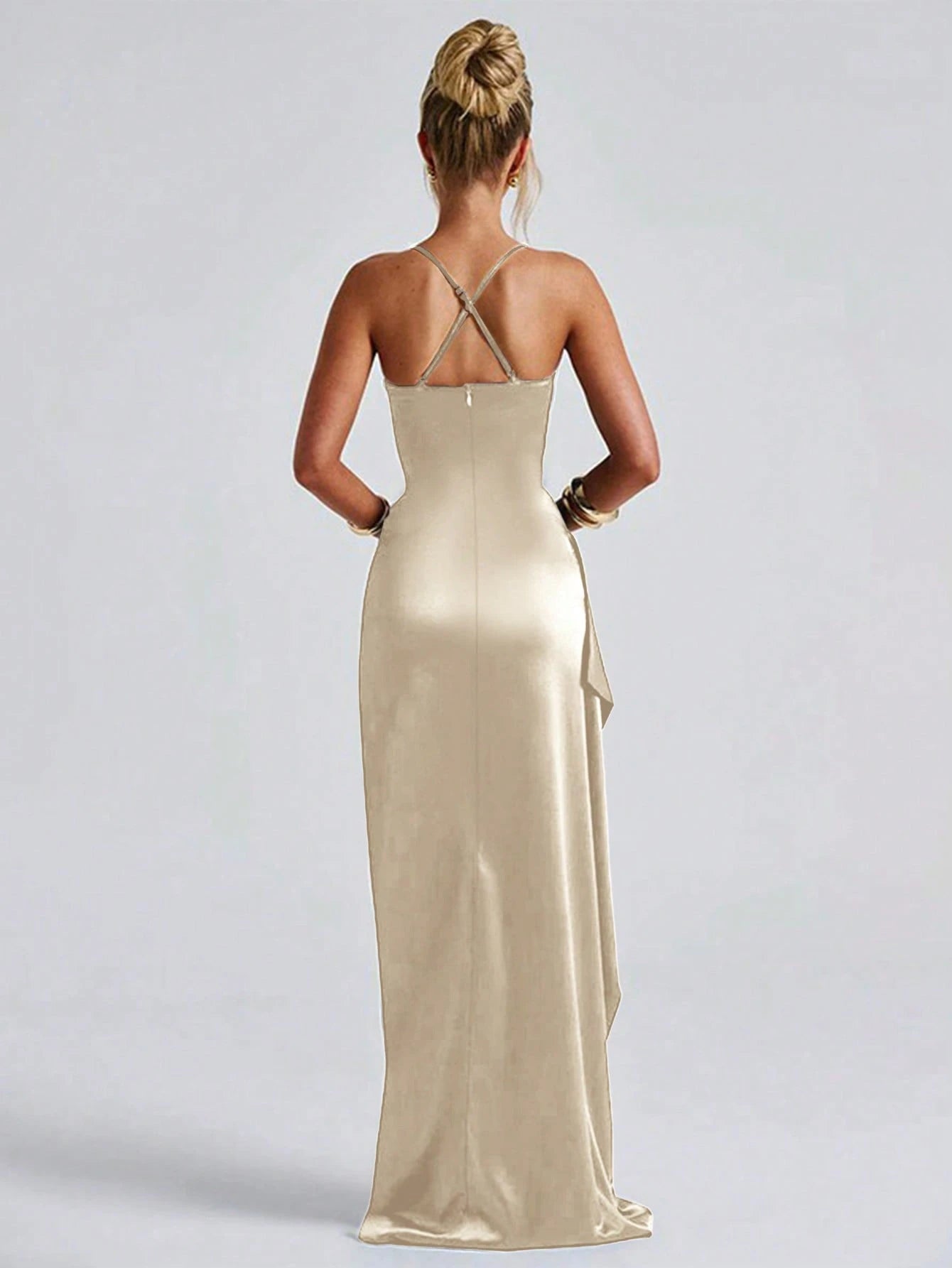 Sexy Champagne Sheath Spaghetti-Strap Sleeveless Backless Back Zip Ruched Bodice Satin Slit Floor-Length Prom Dress