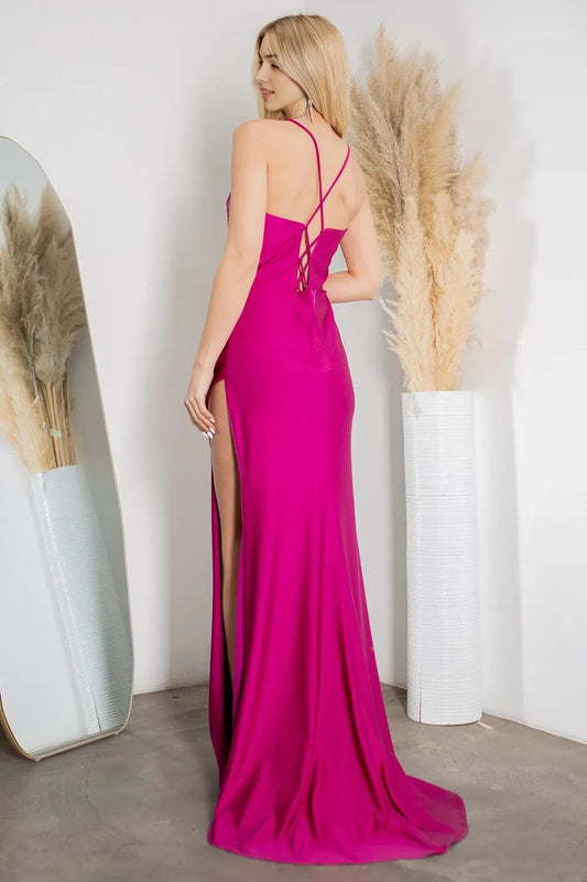 Sexy Fuchsia Satin cowl neck Sleeveless lace-up Floor length side leg slit prom dress for women for sale