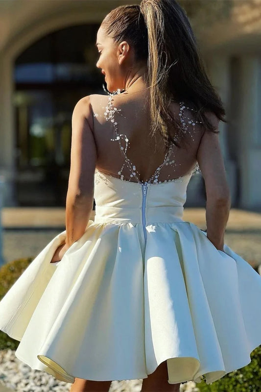 Sexy Ivory A-line Satin Party Dress with Pearls
