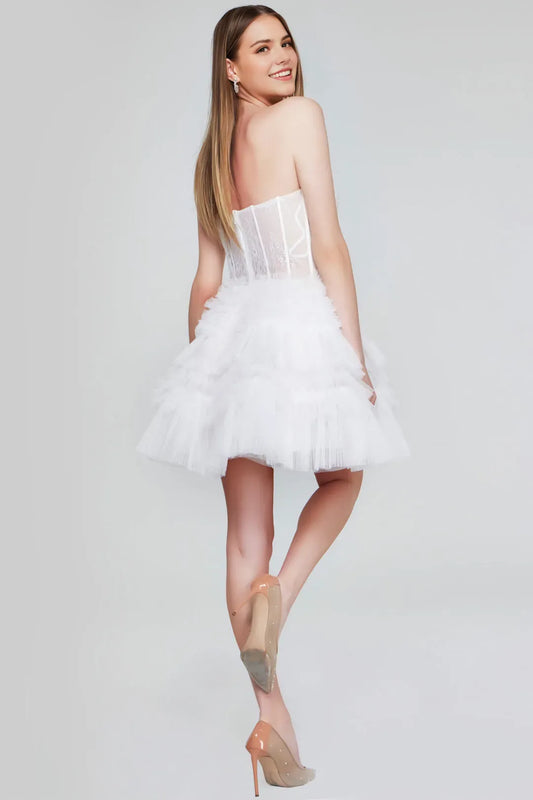 Sexy Lace Strapless A-line Tiered Sweetheart Sleeveless Back Zip Beaded, Ruffles Short Homecoming Dress for bride ready to ship