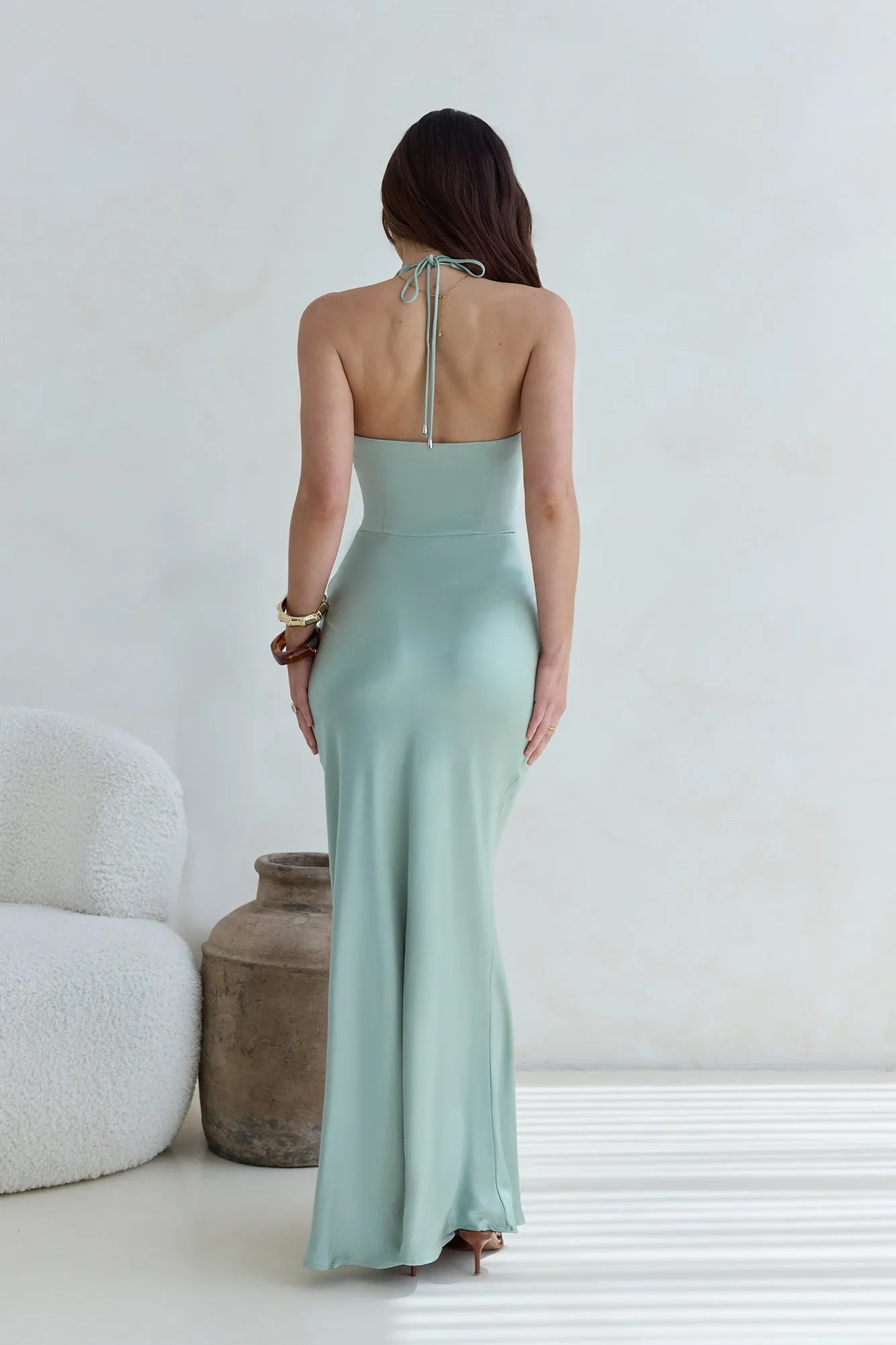 Sexy Mermaid Deep V Neck Sleeveless Ruched Satin Backless Floor-Length Prom Dresses Hot sale for Women