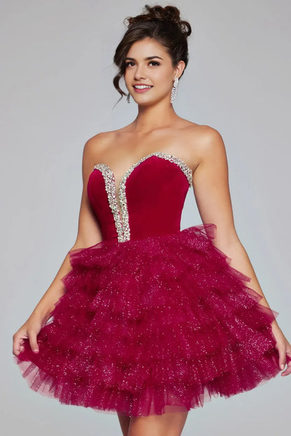 Sexy Red A-line Beaded Sequin Strapless Sweetheart Sleeveless Back Zip Short Homecoming Dress flounce  for bride Custom  ﻿