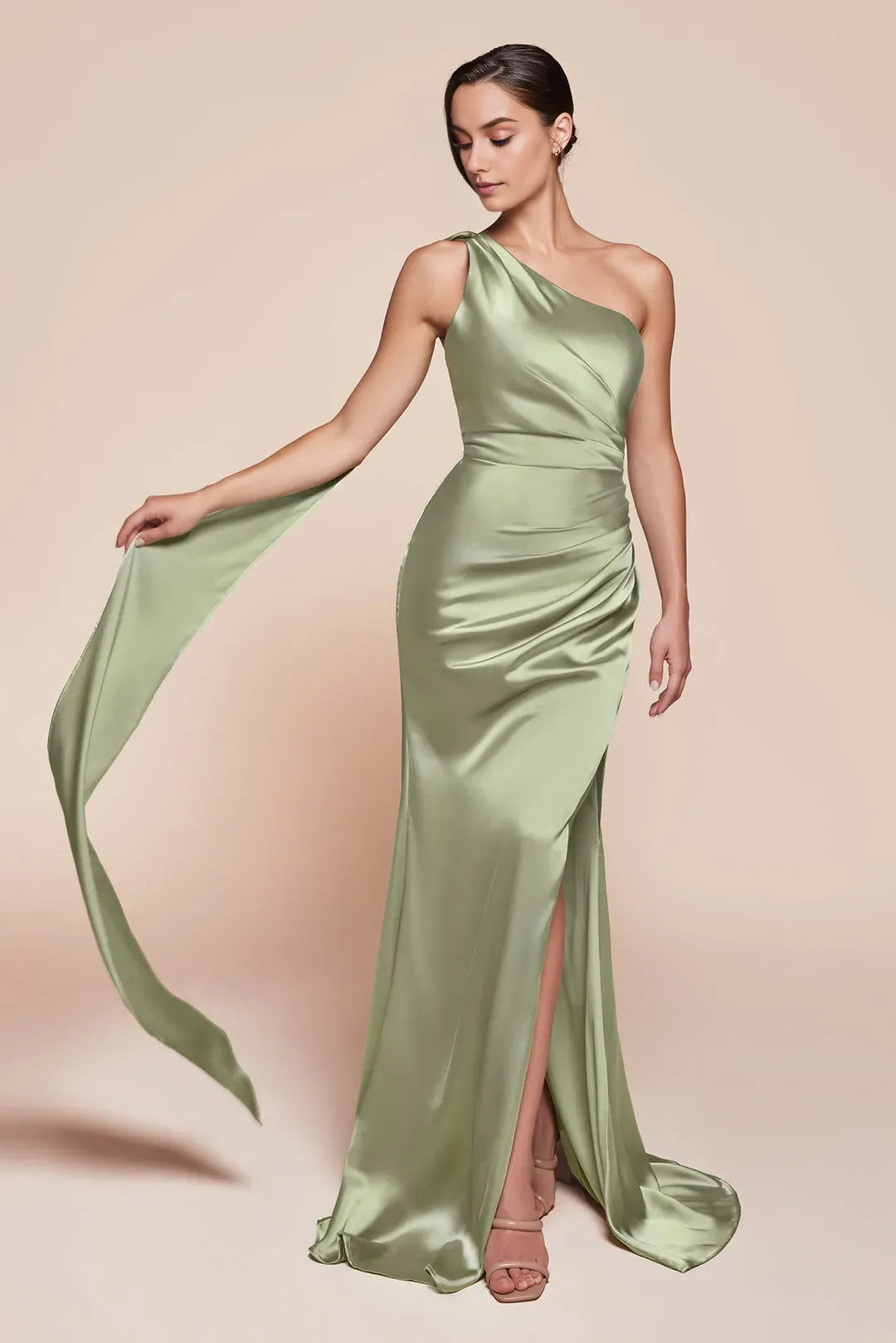 Sexy Satin Sage Sheath One Shoulder Sleeveless Backless zipper Floor length side leg slit prom dress for women for sale
