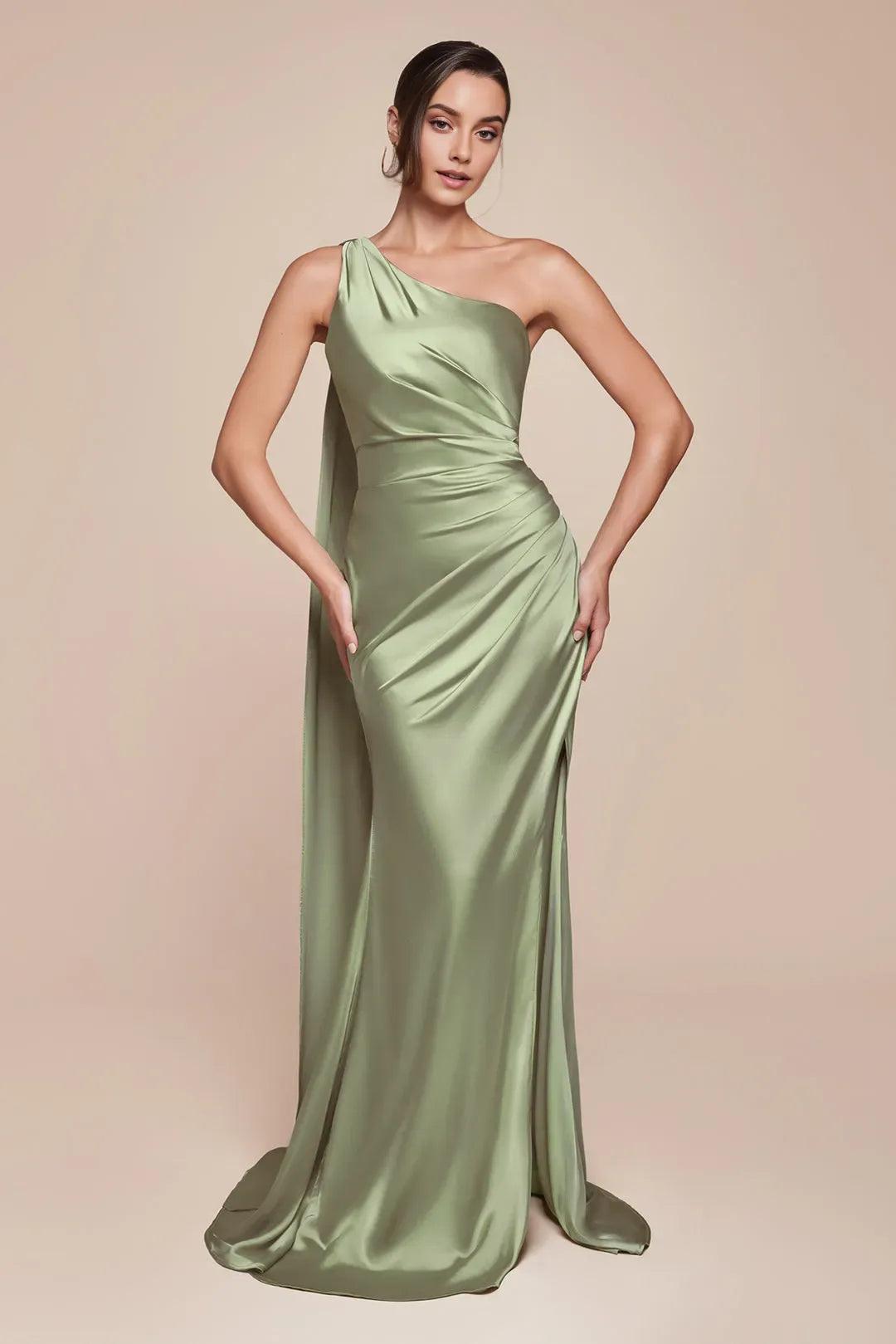 Sexy Satin Sage Sheath One Shoulder Sleeveless Backless zipper Floor length side leg slit prom dress for women for sale