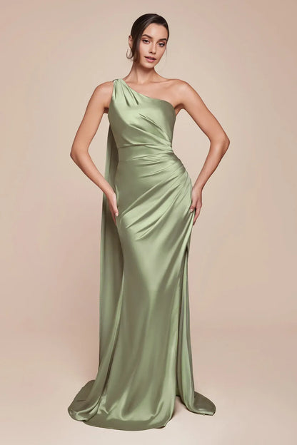 Sexy Satin Sage Sheath One Shoulder Sleeveless Backless zipper Floor length side leg slit prom dress for women for sale