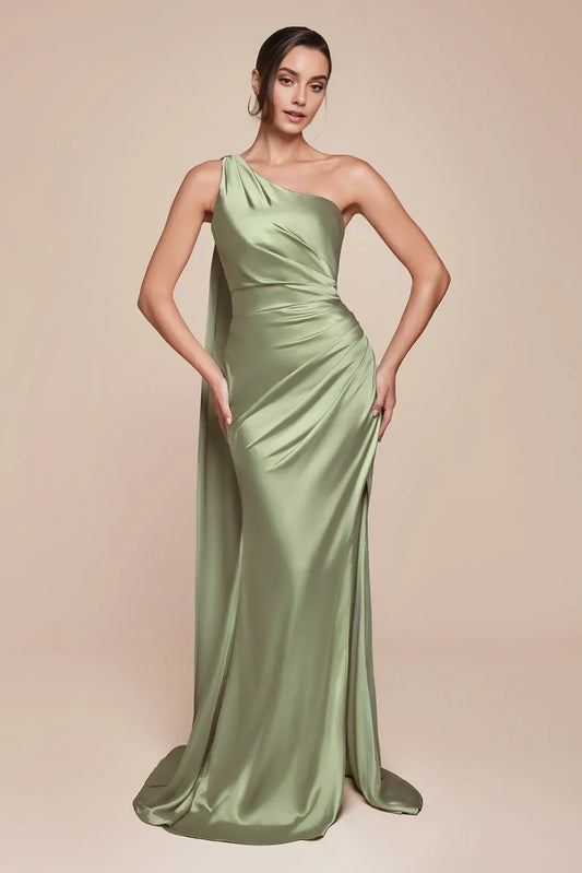 Sexy Satin Sage Sheath One Shoulder Sleeveless Backless zipper Floor length side leg slit prom dress for women for sale