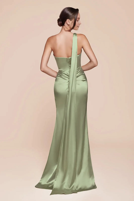 Sexy Satin Sage Sheath One Shoulder Sleeveless Backless zipper Floor length side leg slit prom dress for women for sale