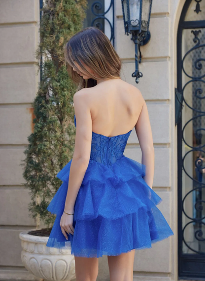 Sexy Royal Blue A-line Sweetheart Tiered embroidered applique Sleeveless Back Zip Short Homecoming Dress for women hot sale